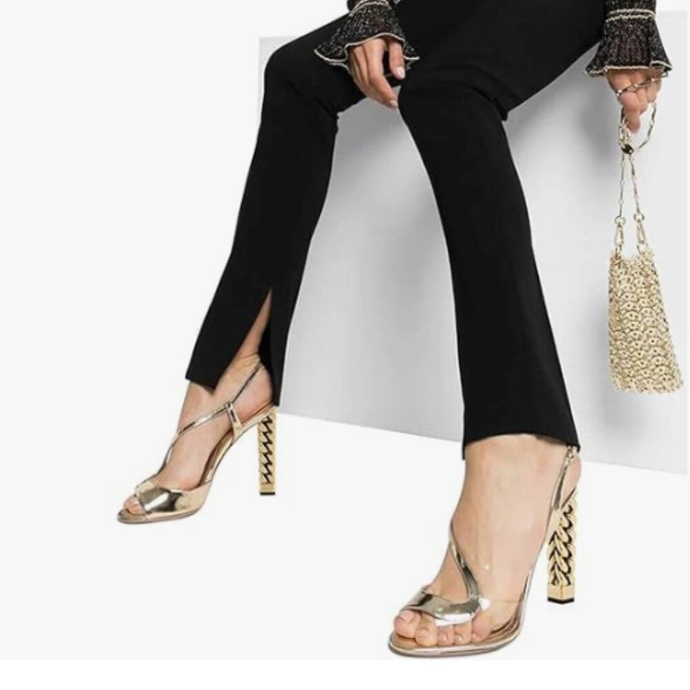 FSJ Women Open Toe Gold Metal Chain Chunky High Heels Sandal Slingback Shoes